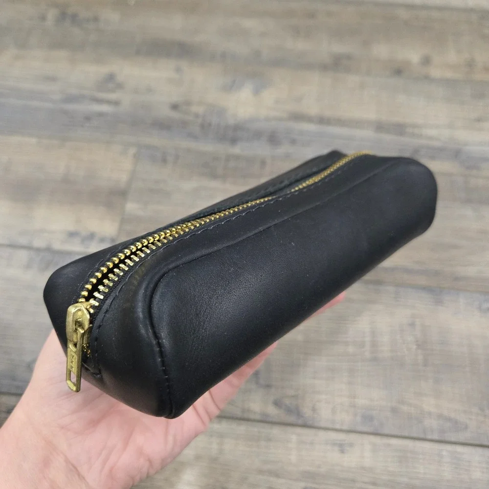 Portland Leather Goods Black Leather Pencil Case Gold Zipper Pouch Accessory